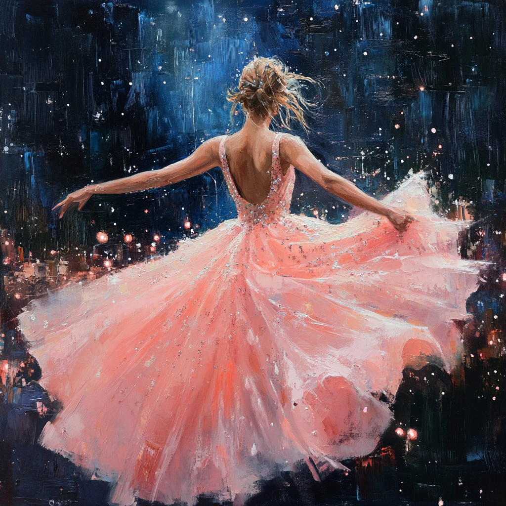 Dreamy dancing girl in pink gown under starlight.