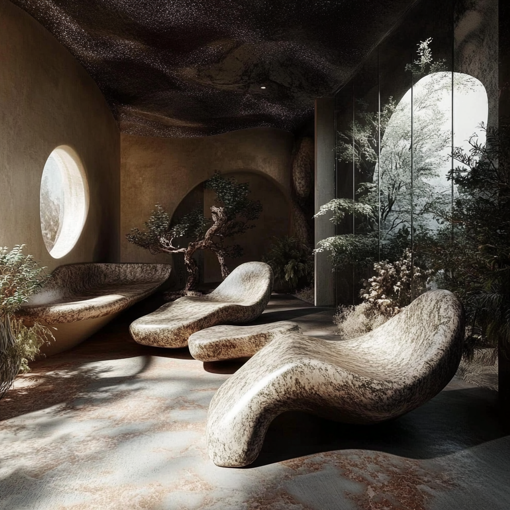 Dreamy furniture and walls with surreal shapes.