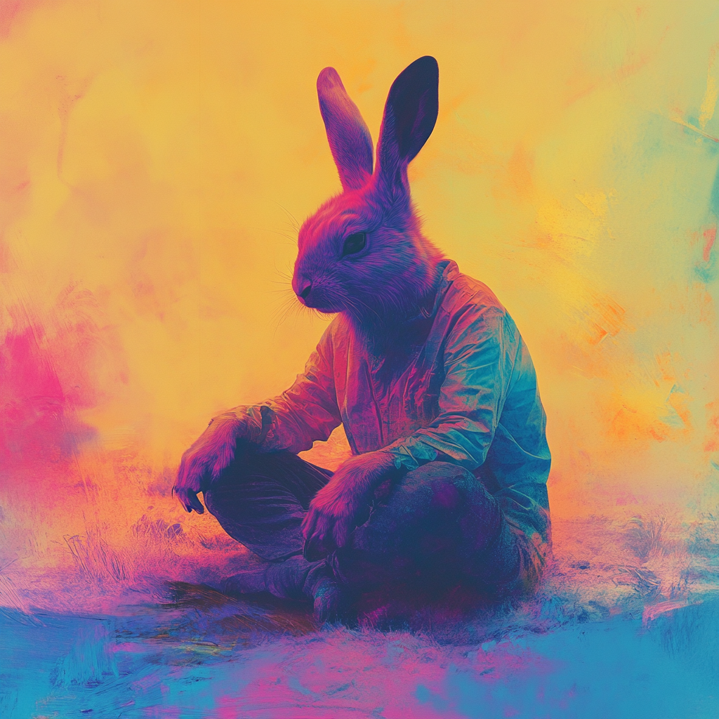 Dreamy illustration of meditating animal in iridescent colors.