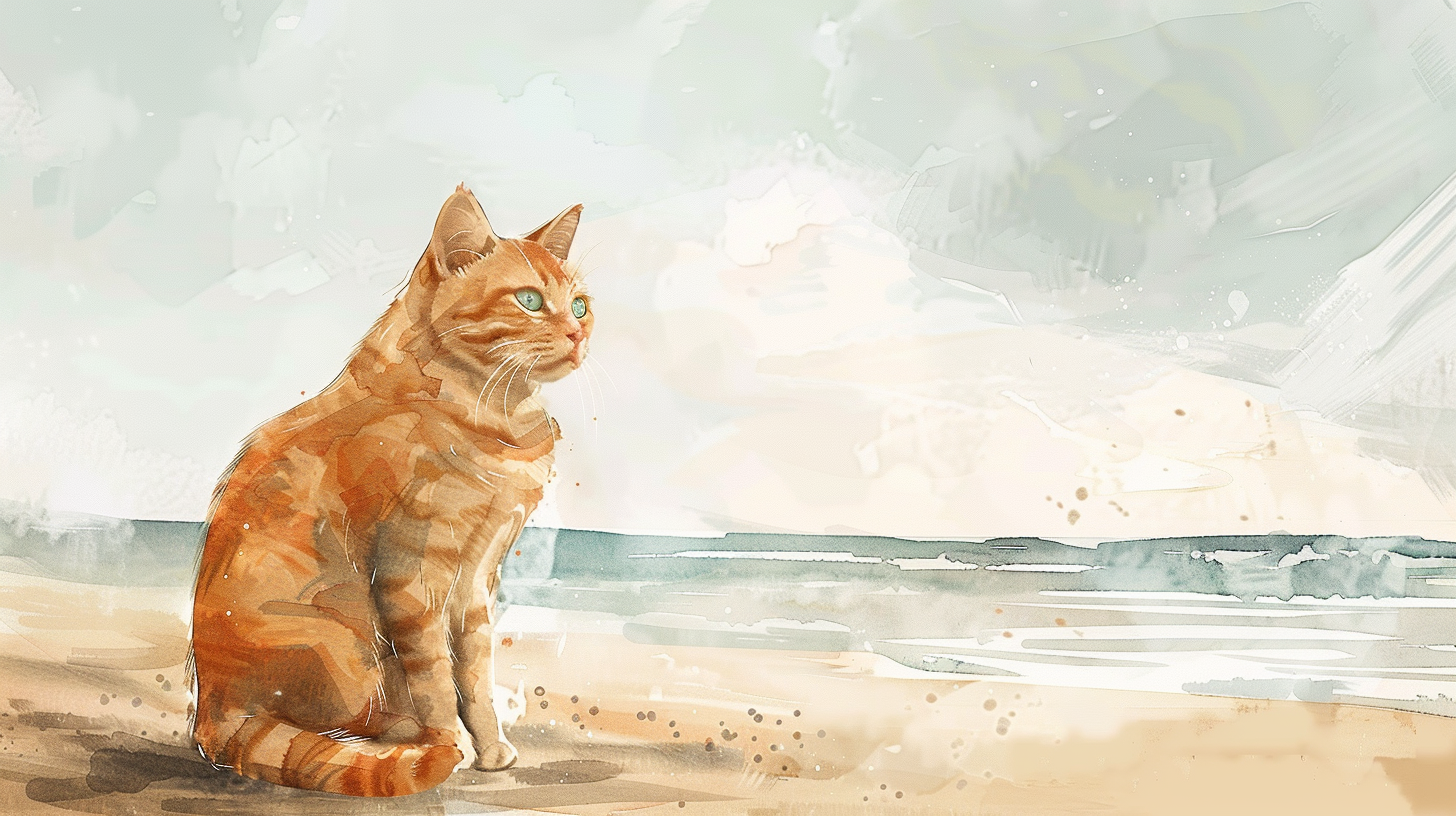 Dreamy orange cat with green eyes on beach.