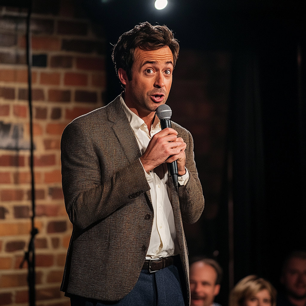 Dressed like Jerry Seinfeld, comedian entertains crowd at comedy club.