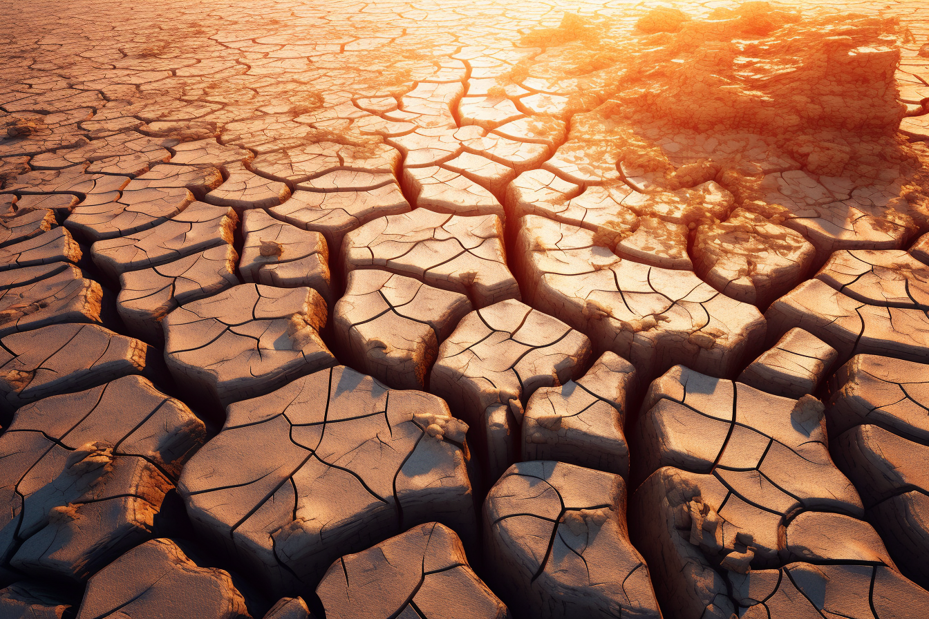 Dried-up river with cracked earth, no water, barren terrain.