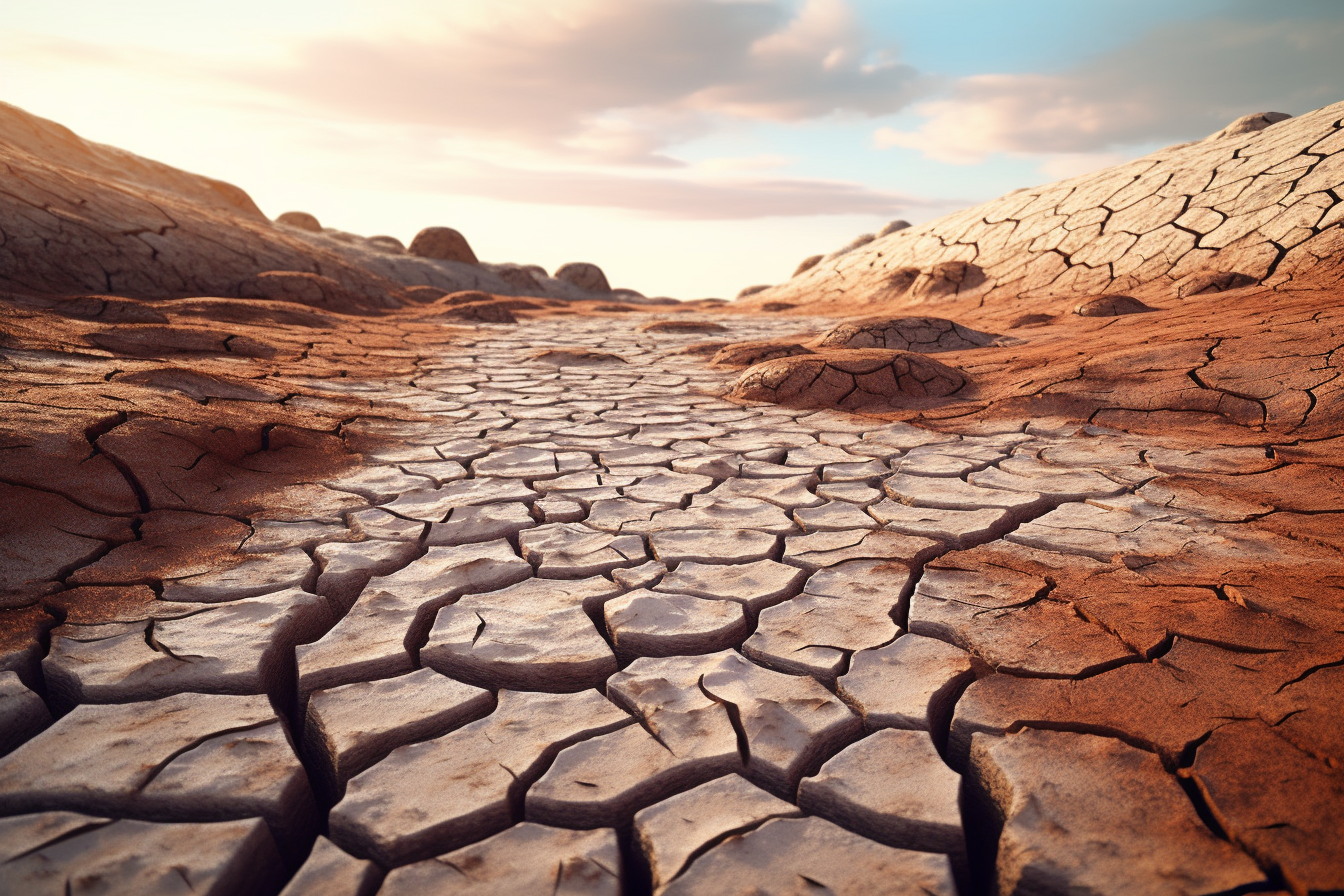 Dried-up riverbed with cracked earth, parched ground, no life.