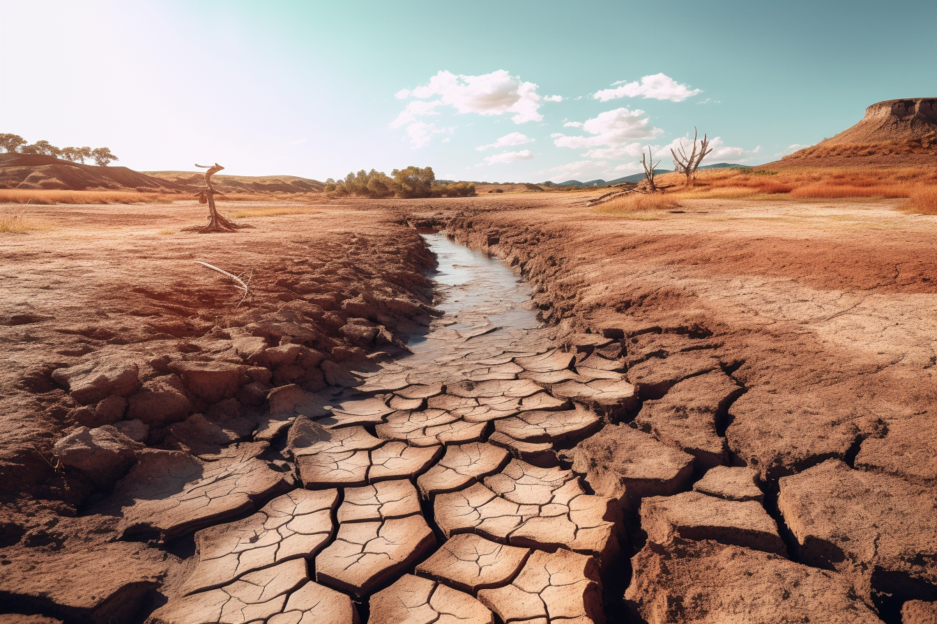 Dried-up riverbed with cracked earth and barren landscape.