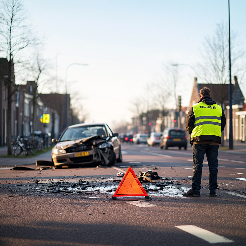 Driver at Dutch road accident, warning traffic safely.