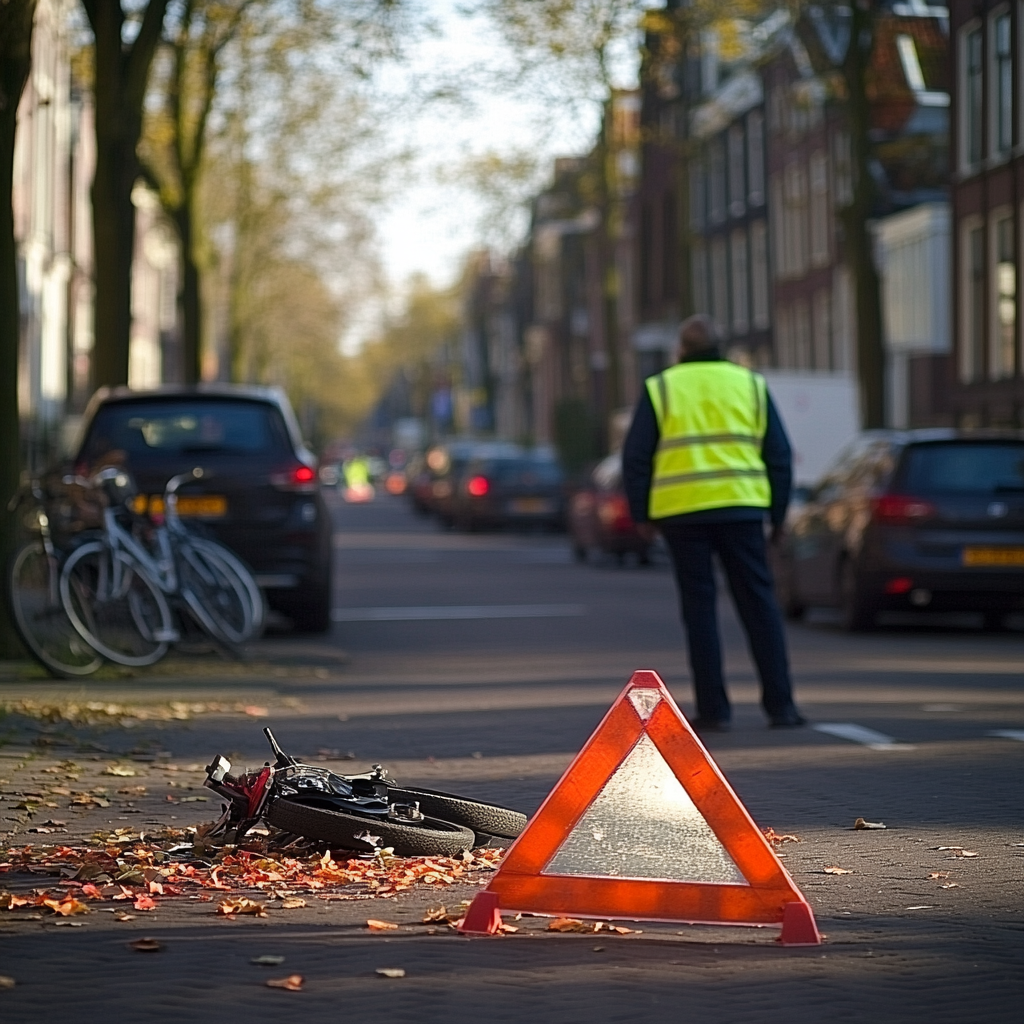 Driver wearing reflective vest managing minor motorcycle accident safely.