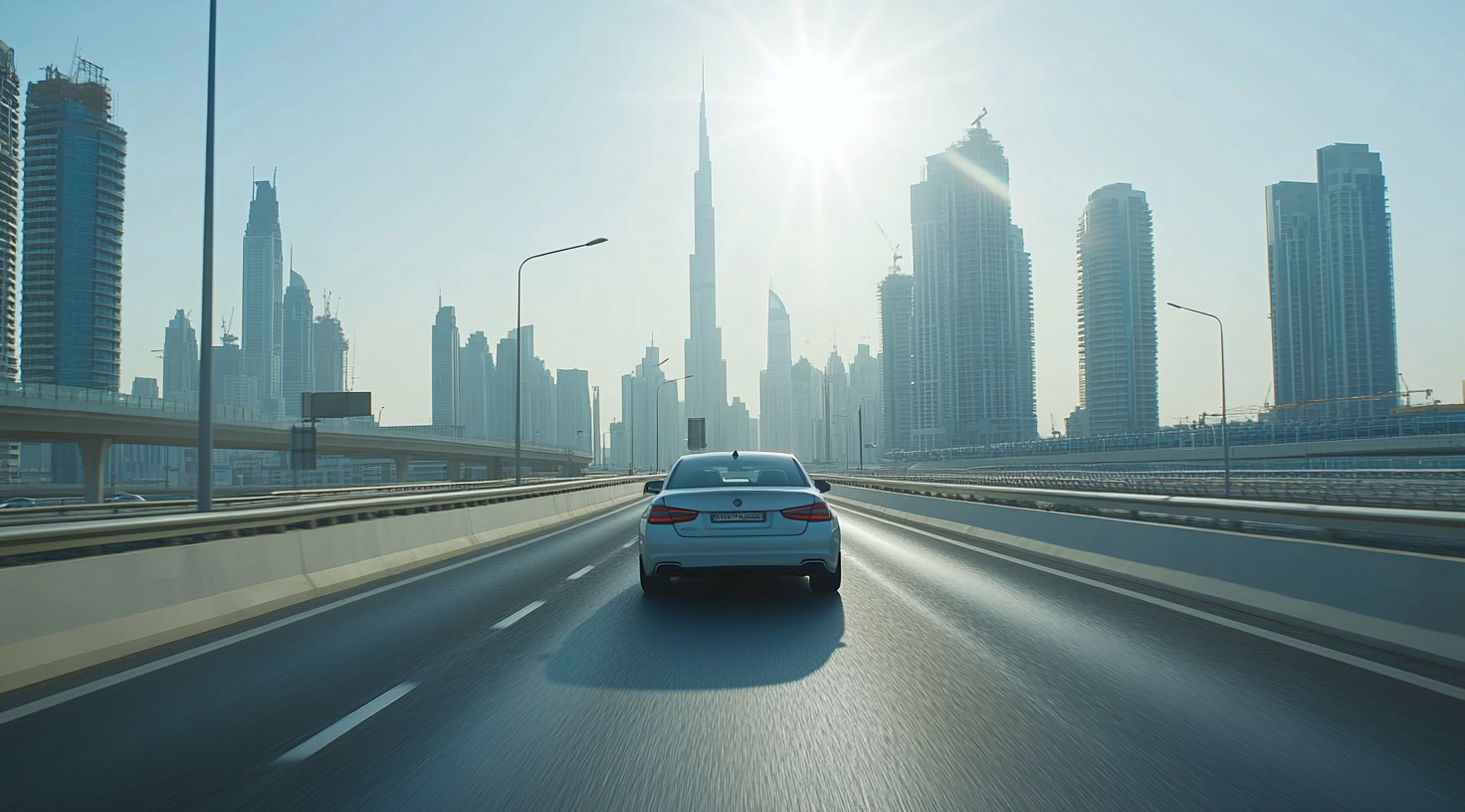 Driving on Sheikh Zayed Road in Dubai, cinematic style.