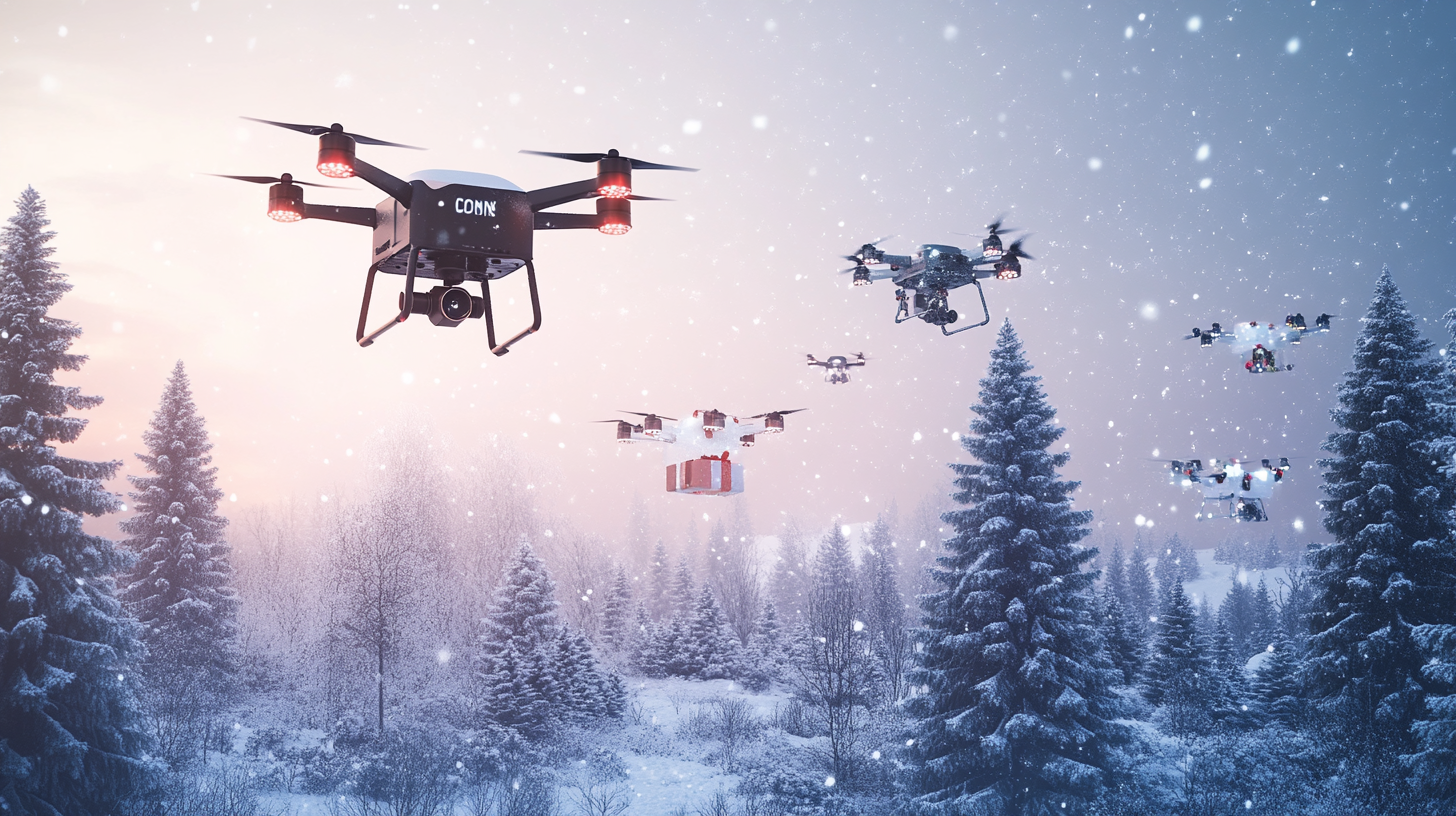 Drone Delivering Christmas Gift in Snowy Mountain Town