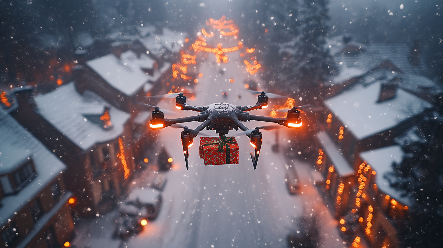 Drone Delivering Christmas Gifts in Snowy Town