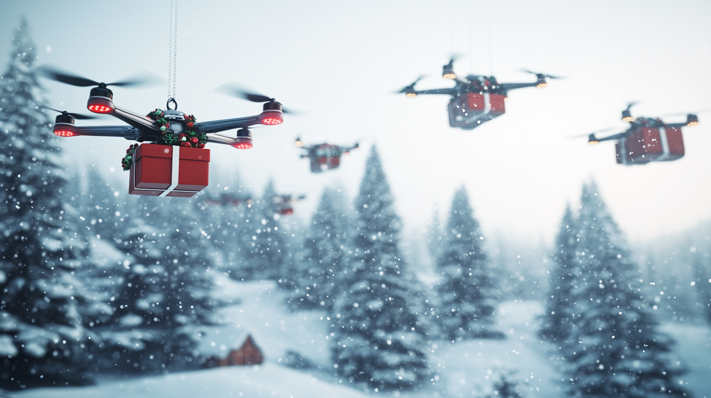 Drone Delivering Presents in Snowy Mountain Town