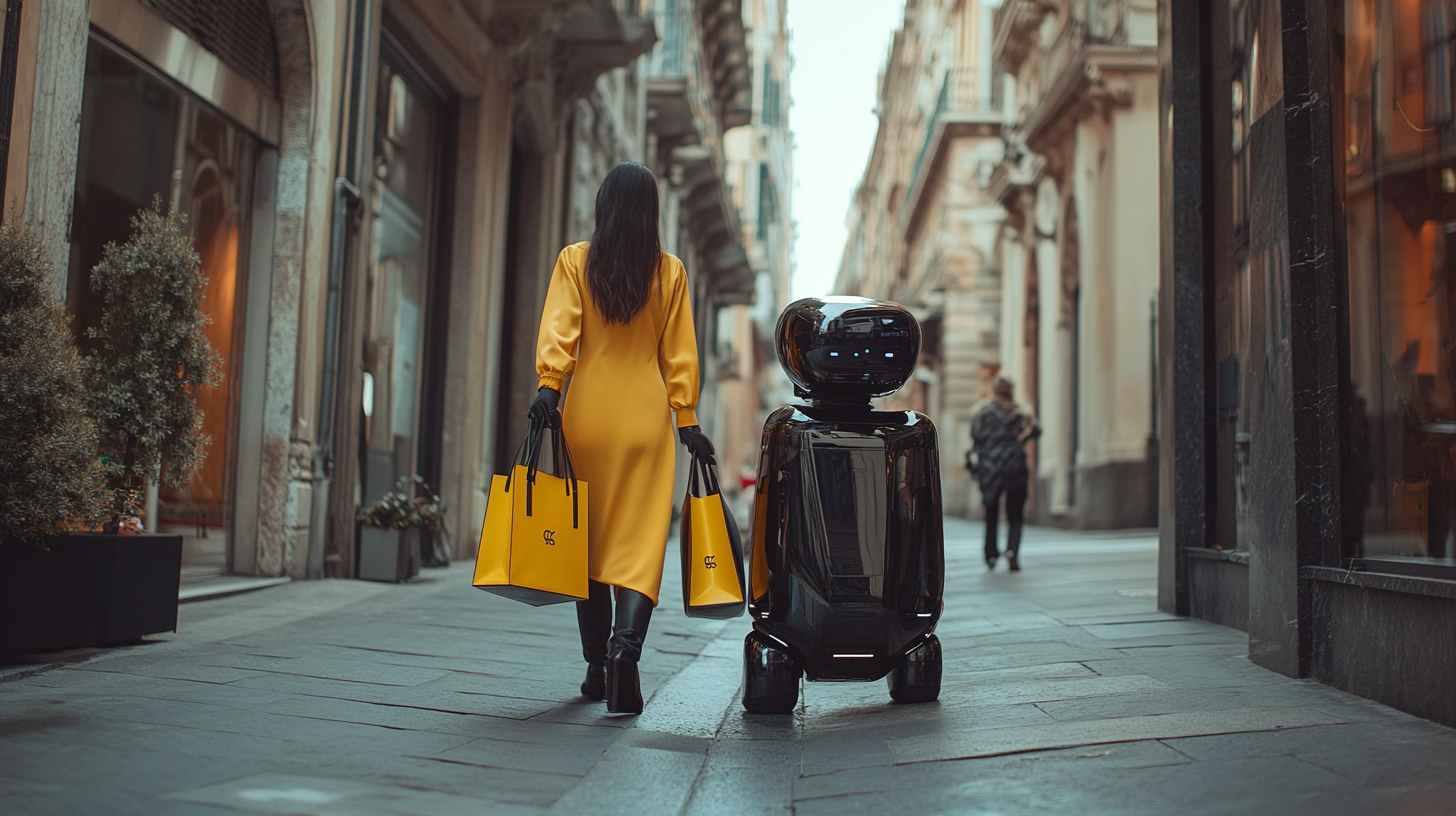 Drone captures woman walking with black humanoid robot.