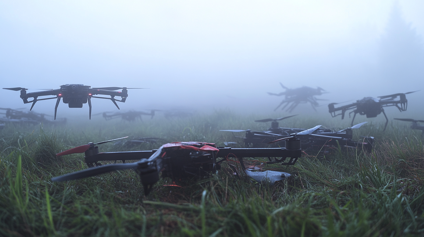 Drone graveyard with crashed quadrotors in fog