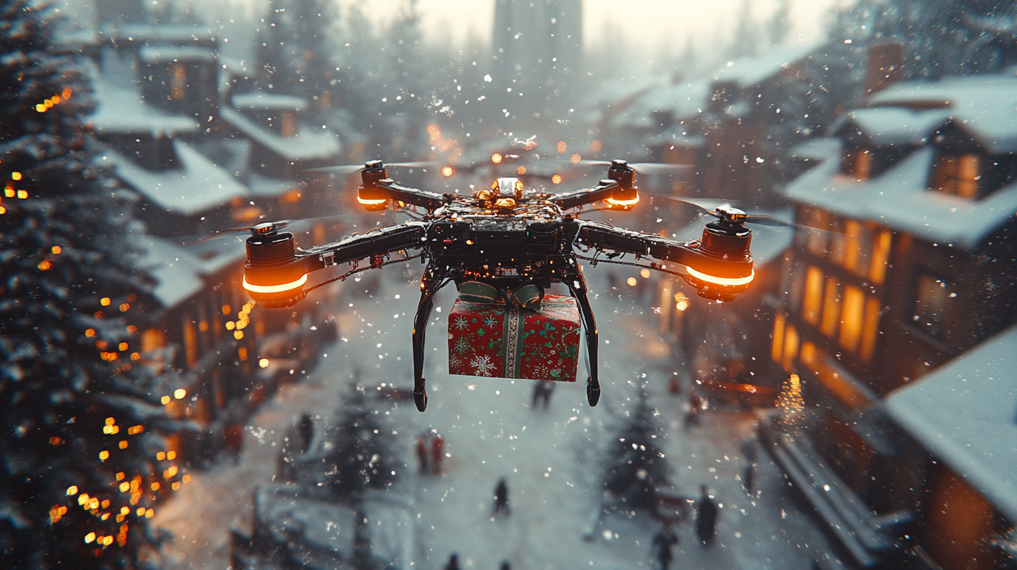 Drones Delivering Christmas Gifts Over Snowy Town