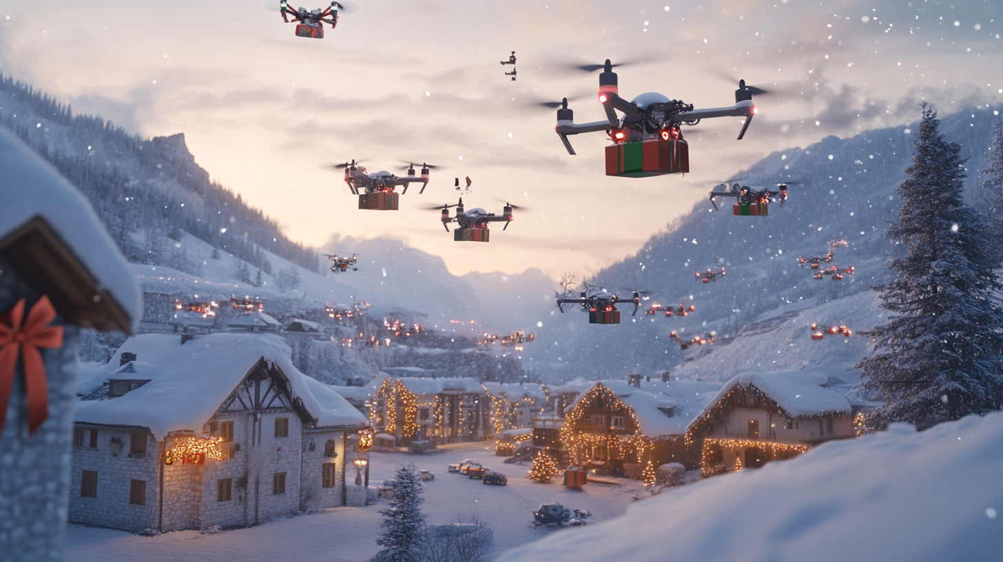 Drones Delivering Presents in Magical Snowy Town