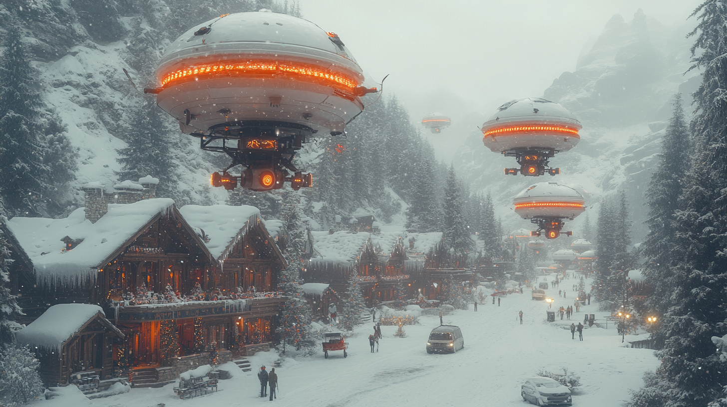 Drones Delivering Presents in Snow-Covered Mountain Town