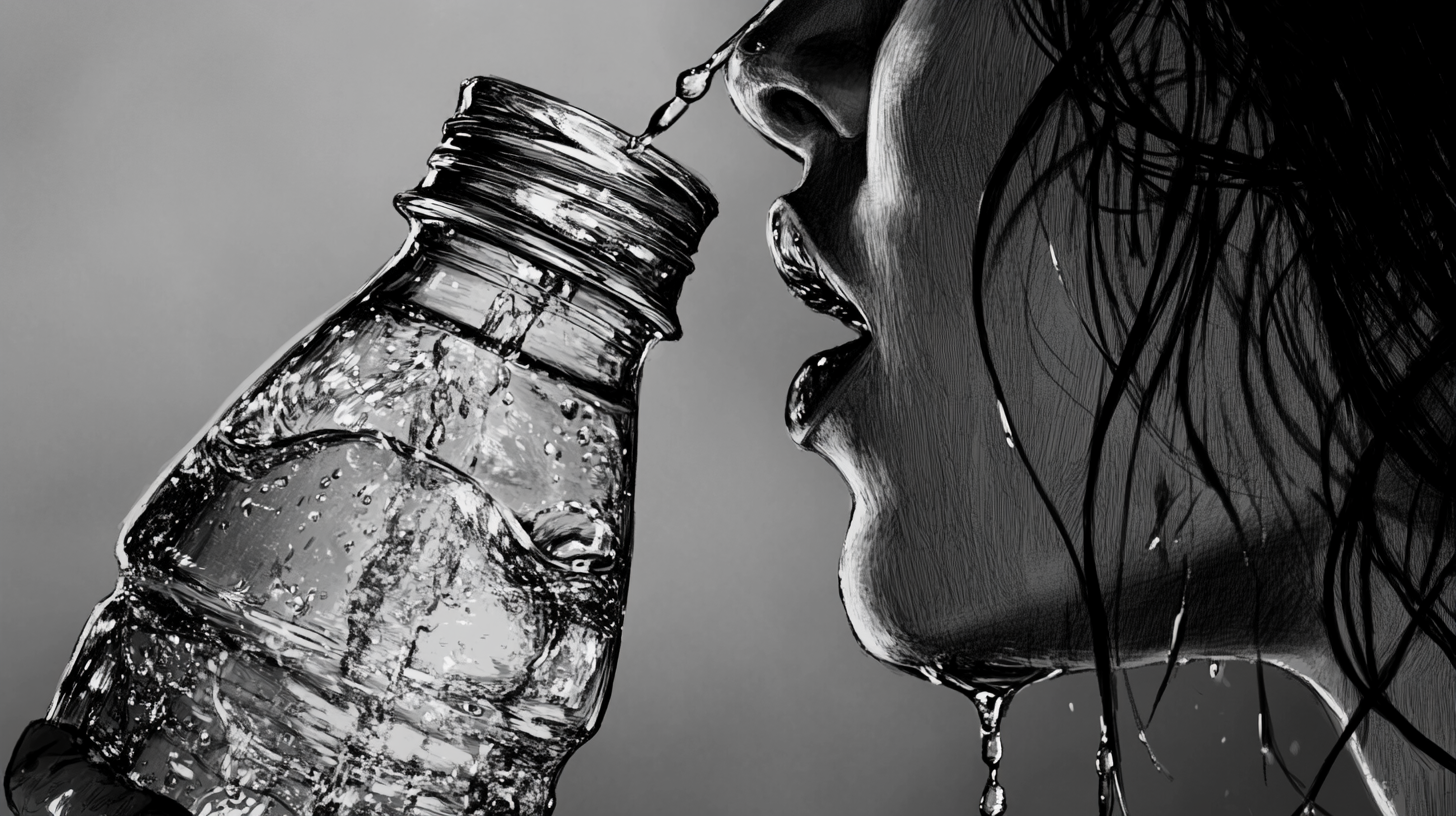 Droplet falls from water bottle held by woman.