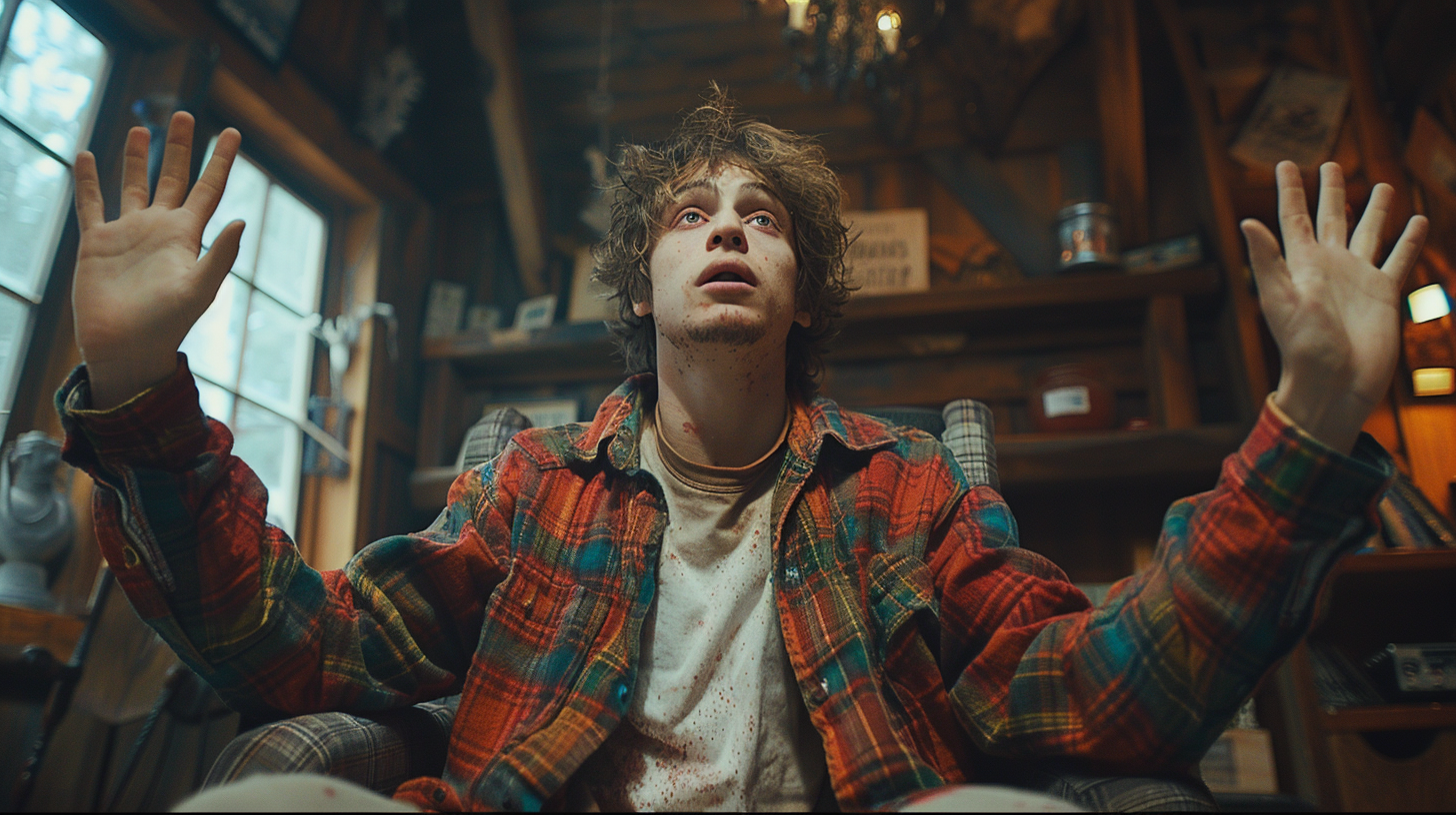 Drug-addicted man in living room, terrified, hands raised. 