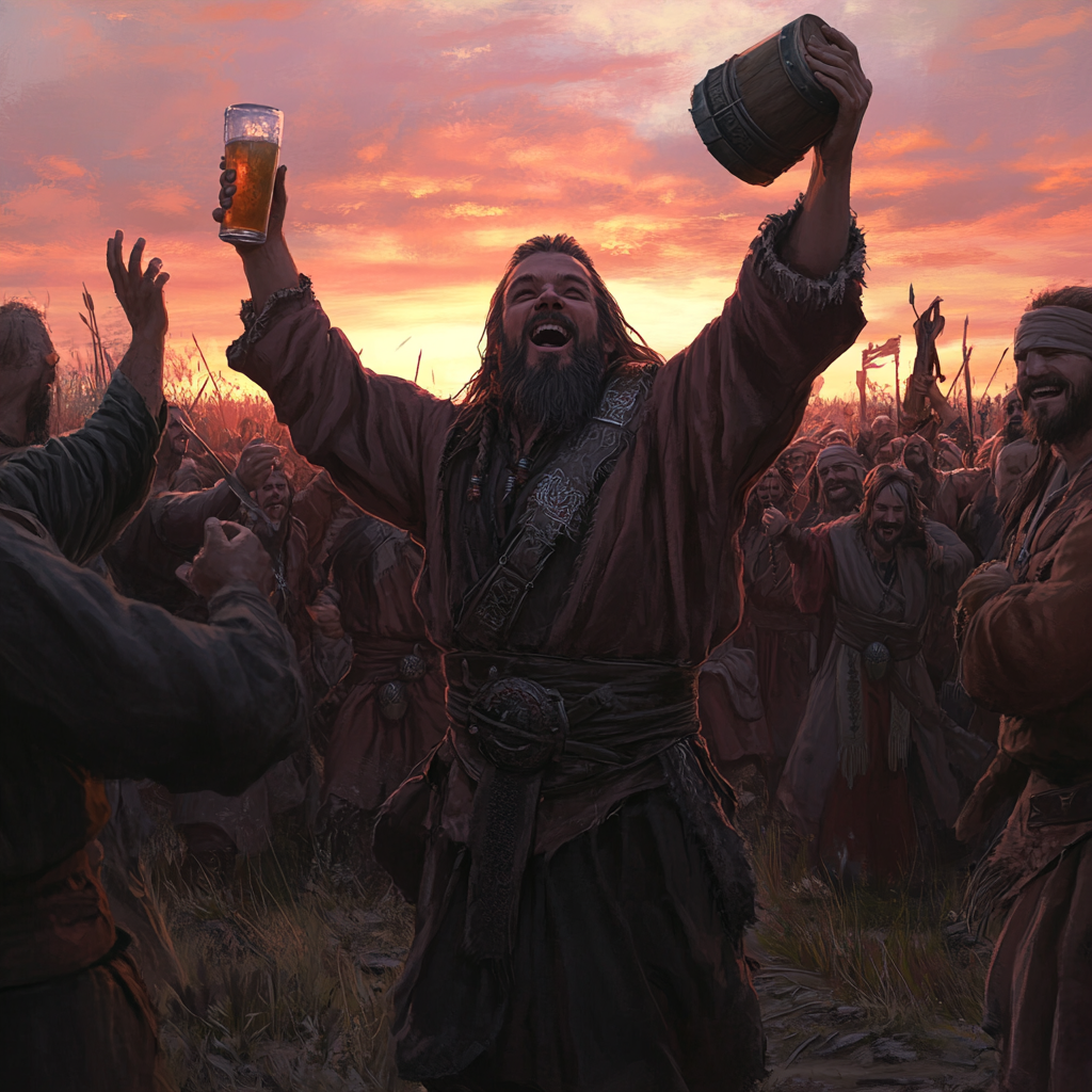 Drunk dwarf dances at dawn with flagon and Warhammer.