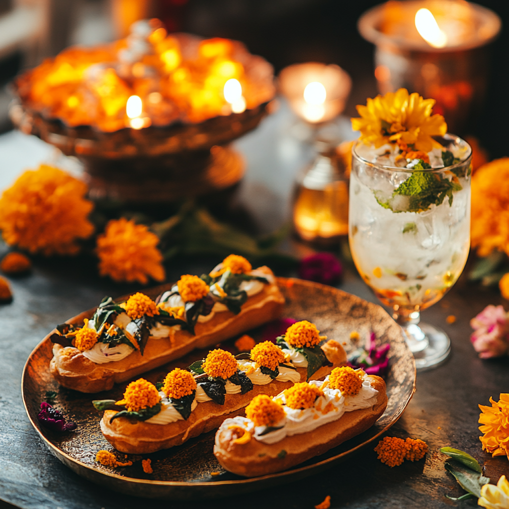 Dryfruit Eclairs, Marigold, and Diyas with Cocktail