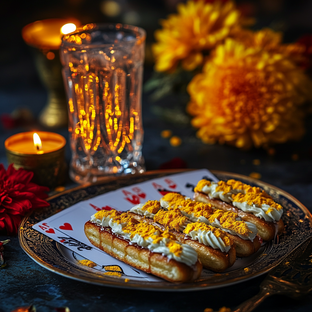 Dryfruit eclairs with gin and tonic, cards, diyas