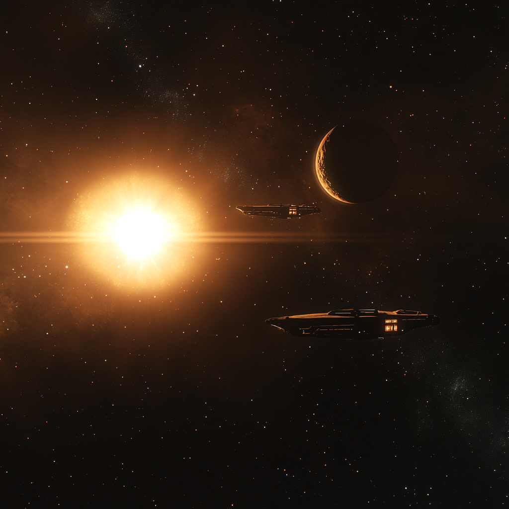 Dual star system with planets and spaceships orbit.