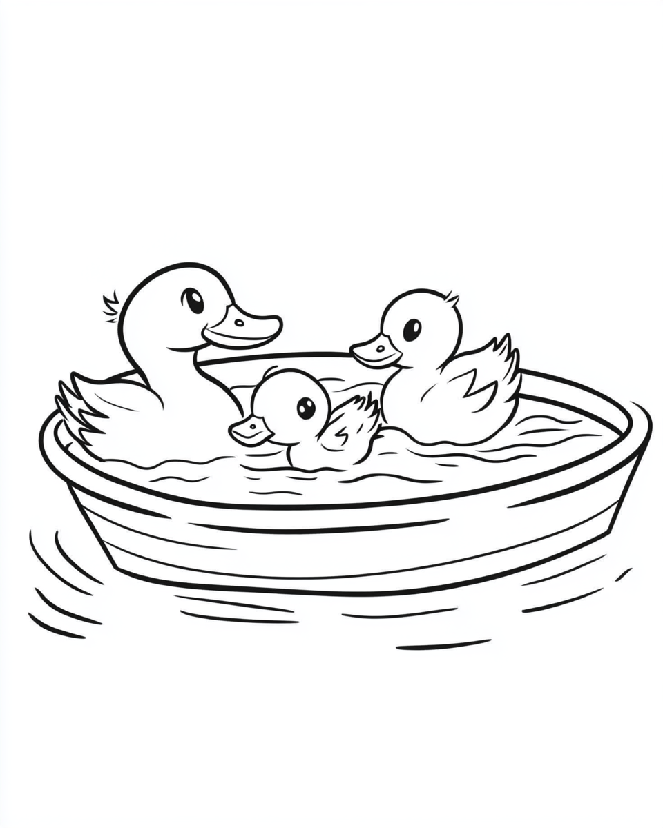 Duck and ducklings in a simple pond scene.