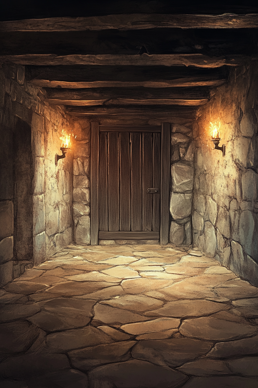 Dungeon-themed room with torches and stone floor.