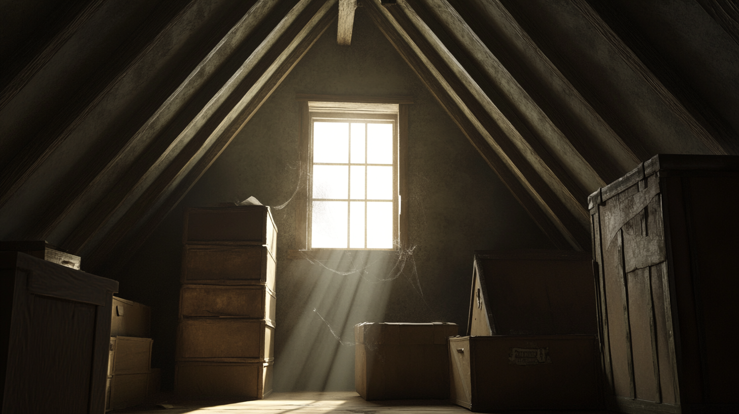 Dusty attic filled with boxes, furniture, cobweb-covered trunks.