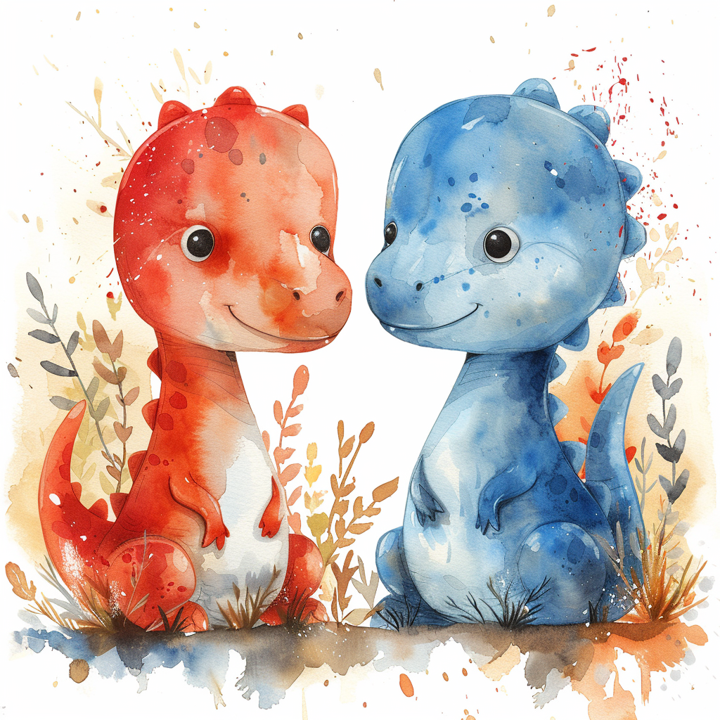 Dusty tone nursery art, red and blue dinosaurs.