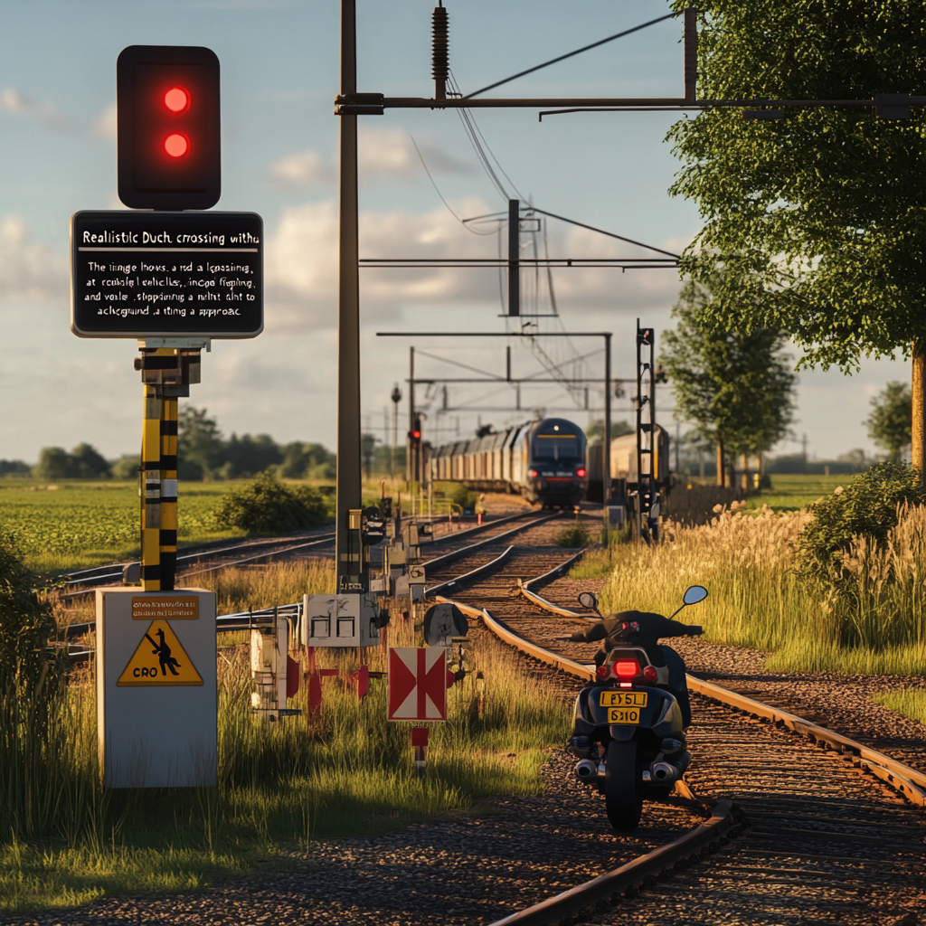 Dutch countryside with level crossing, vehicles waiting at red light.