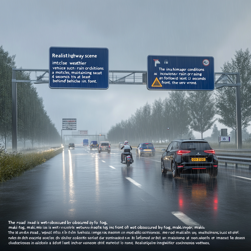 Dutch highway in rain or fog with spaced vehicles.