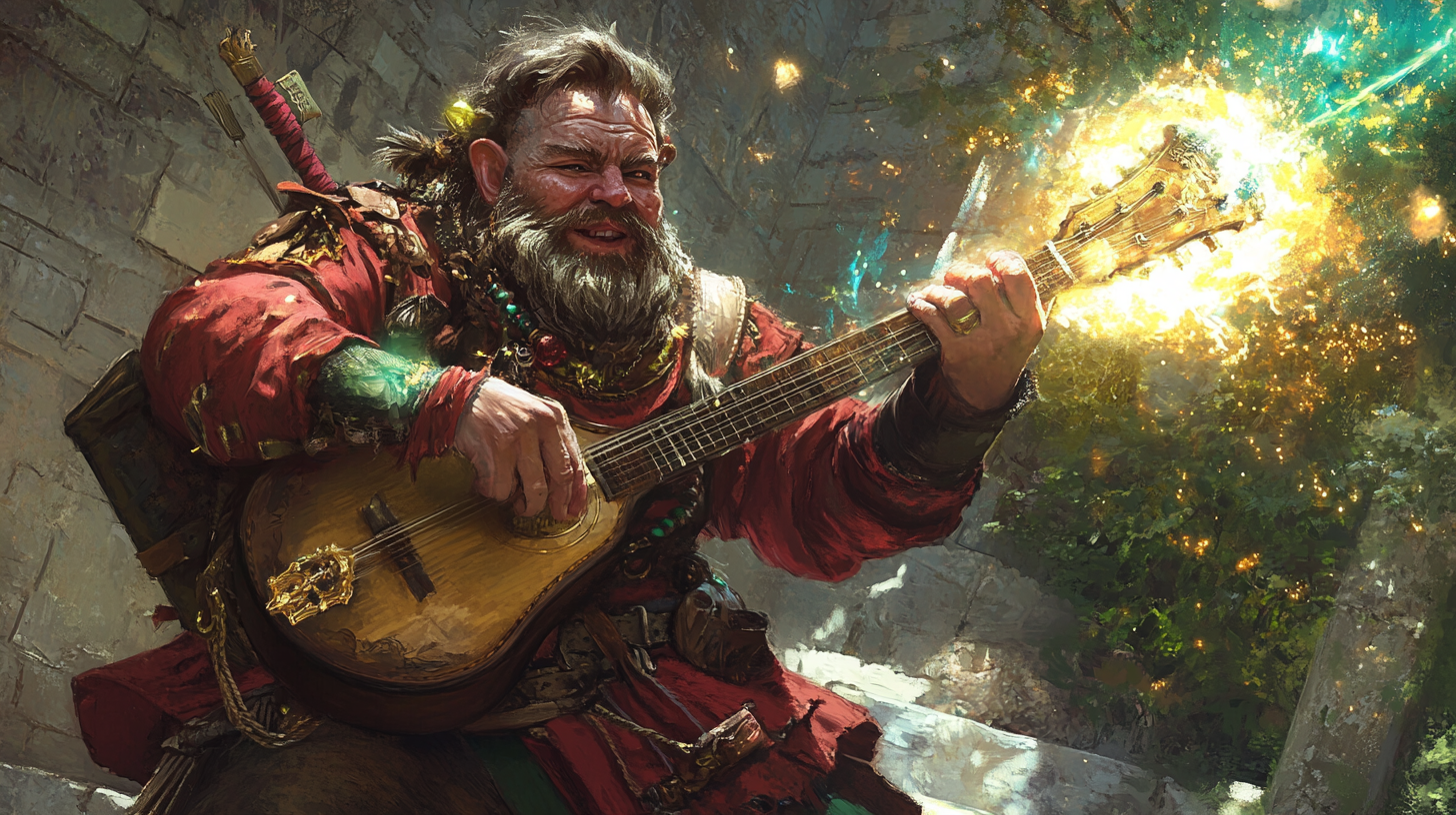 Dwarf bard playing a lute casting a spell.