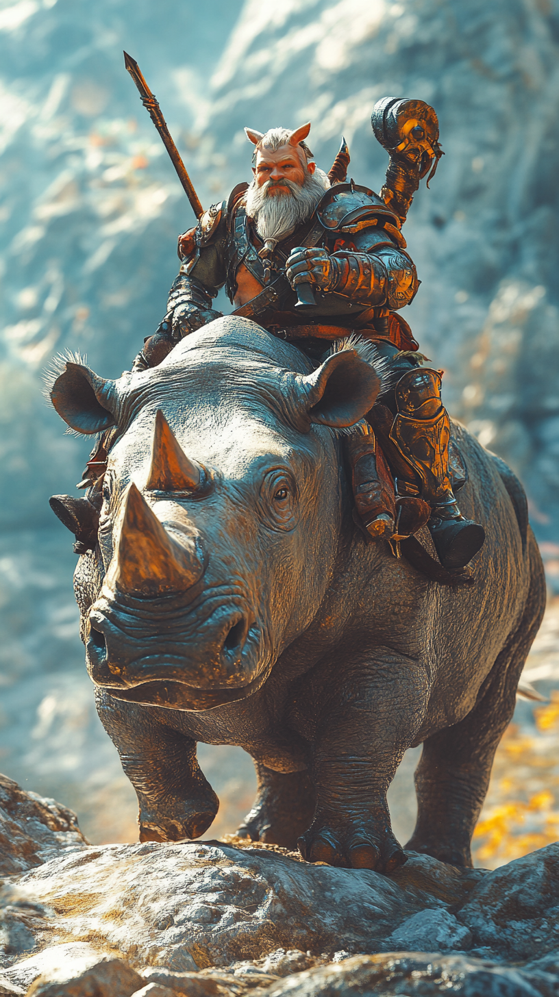 Dwarf fighter on rhino in ultra-realistic 8k.