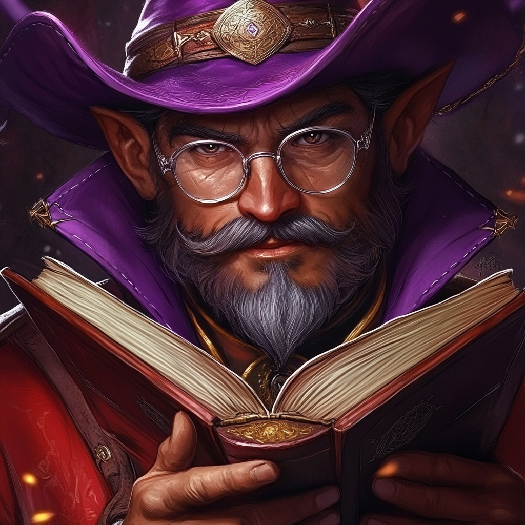 Dwarf in wizard hat reads book with glasses