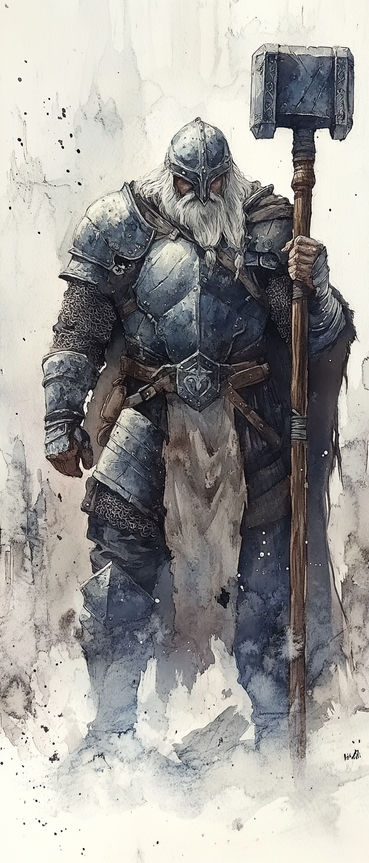 Dwarf paladin in shiny armor with war hammer, ethereal.