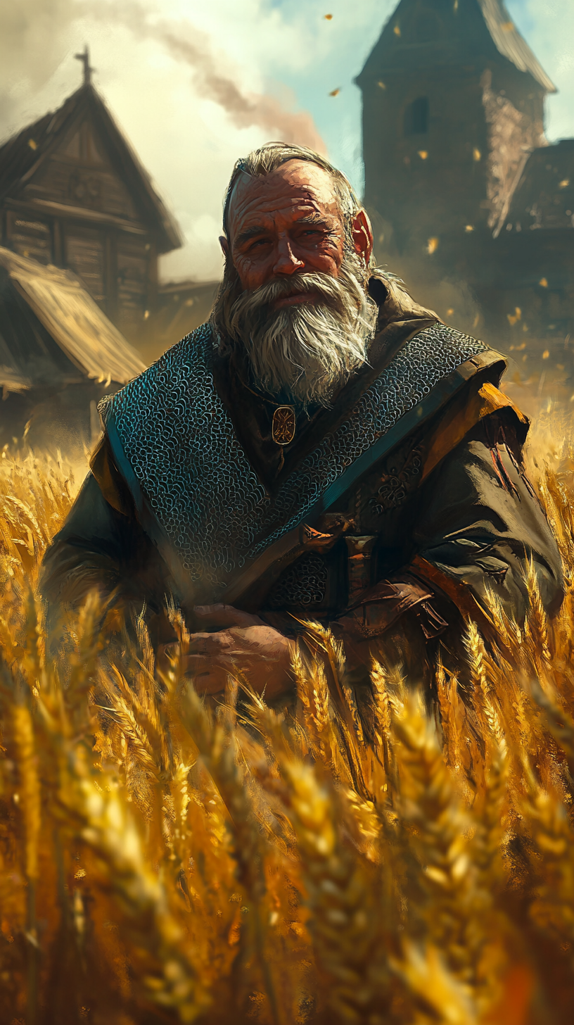 Dwarf priest in field of wheat with burnt village.