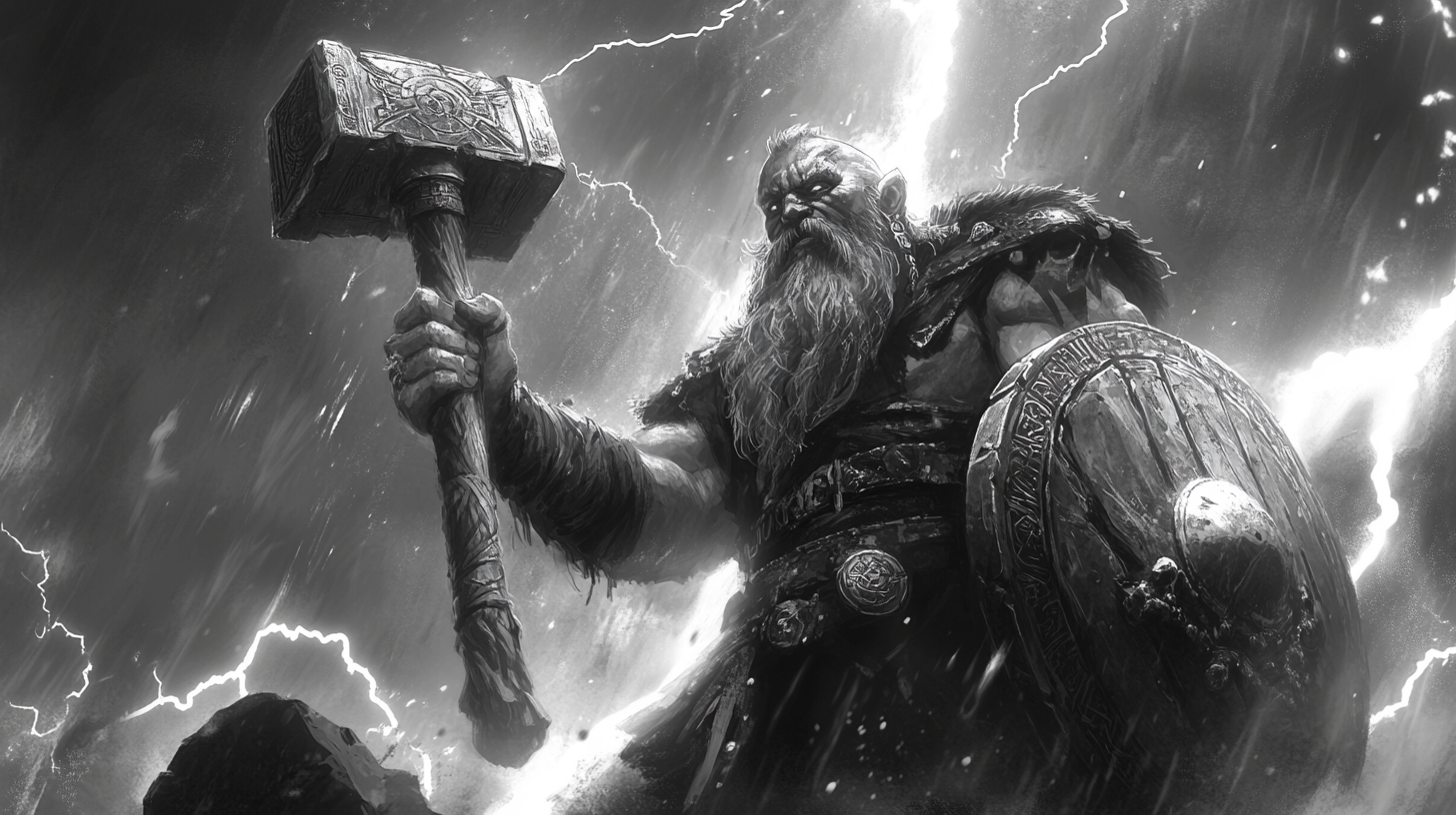 Dwarf shaman with hammer and shield in lightning storm.