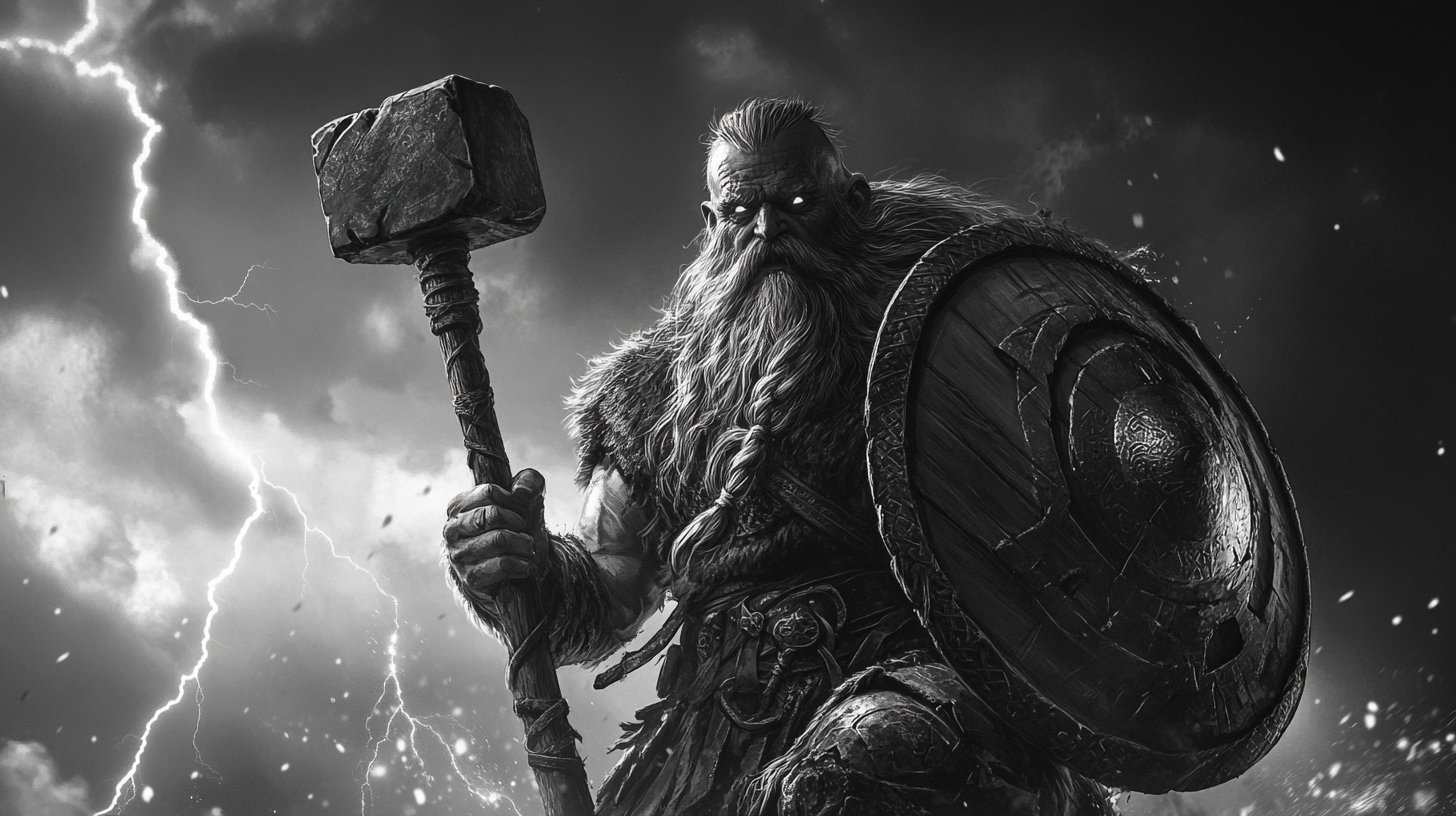 Dwarf shaman with hammer and stone shield, lightning, high contrast.