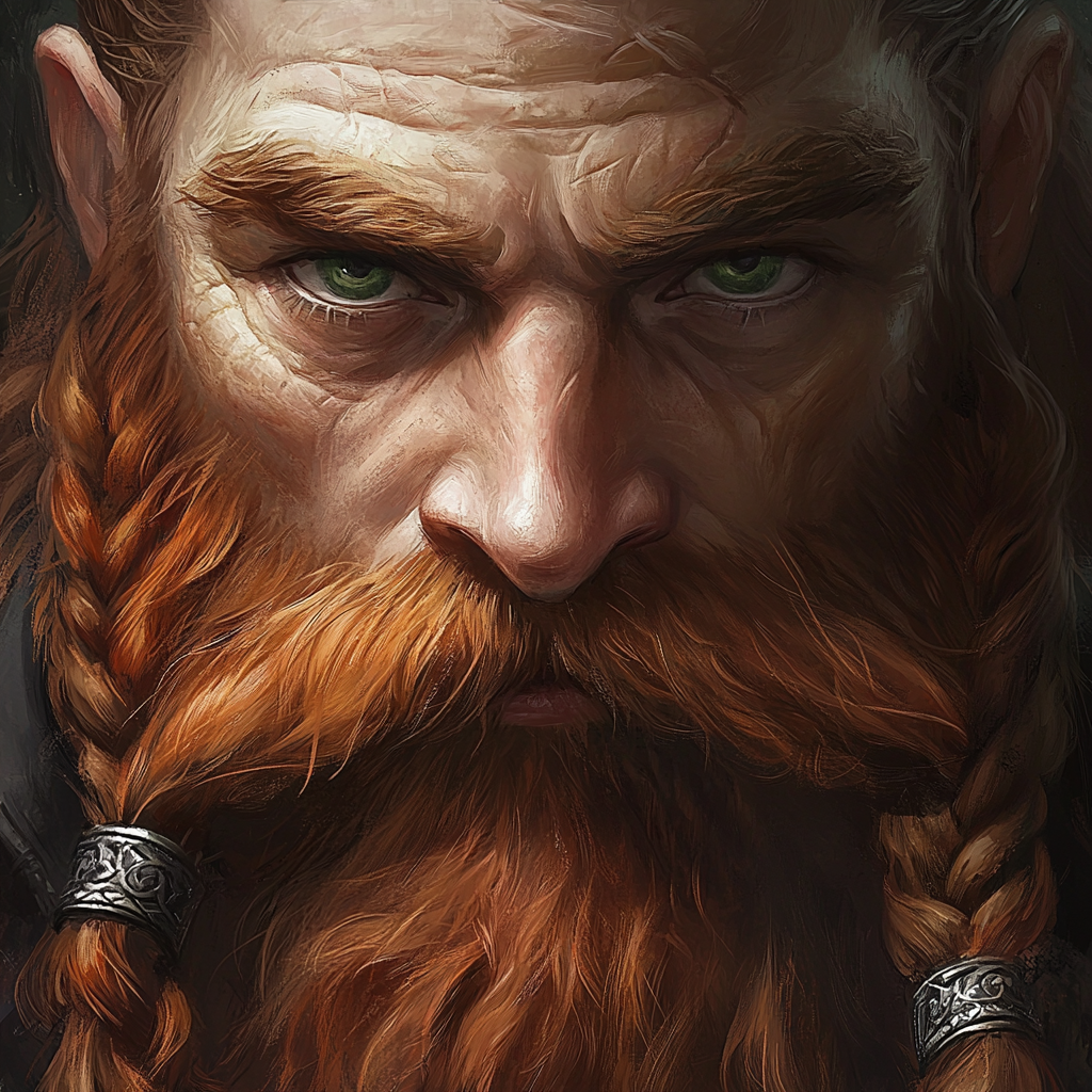 Dwarf with braided beard, green eyes, full of life.