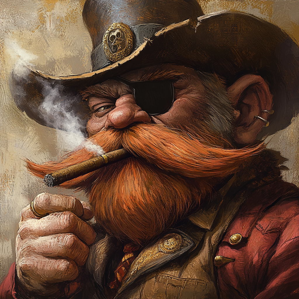 Dwarf with bushy red moustache, eye patch, smoking cigar.