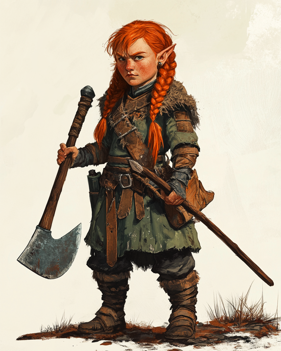 Dwarf with red hair, braids, great axe, tan skin.