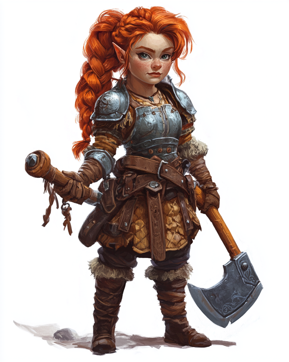 Dwarf with red hair and great axe, ready for battle.