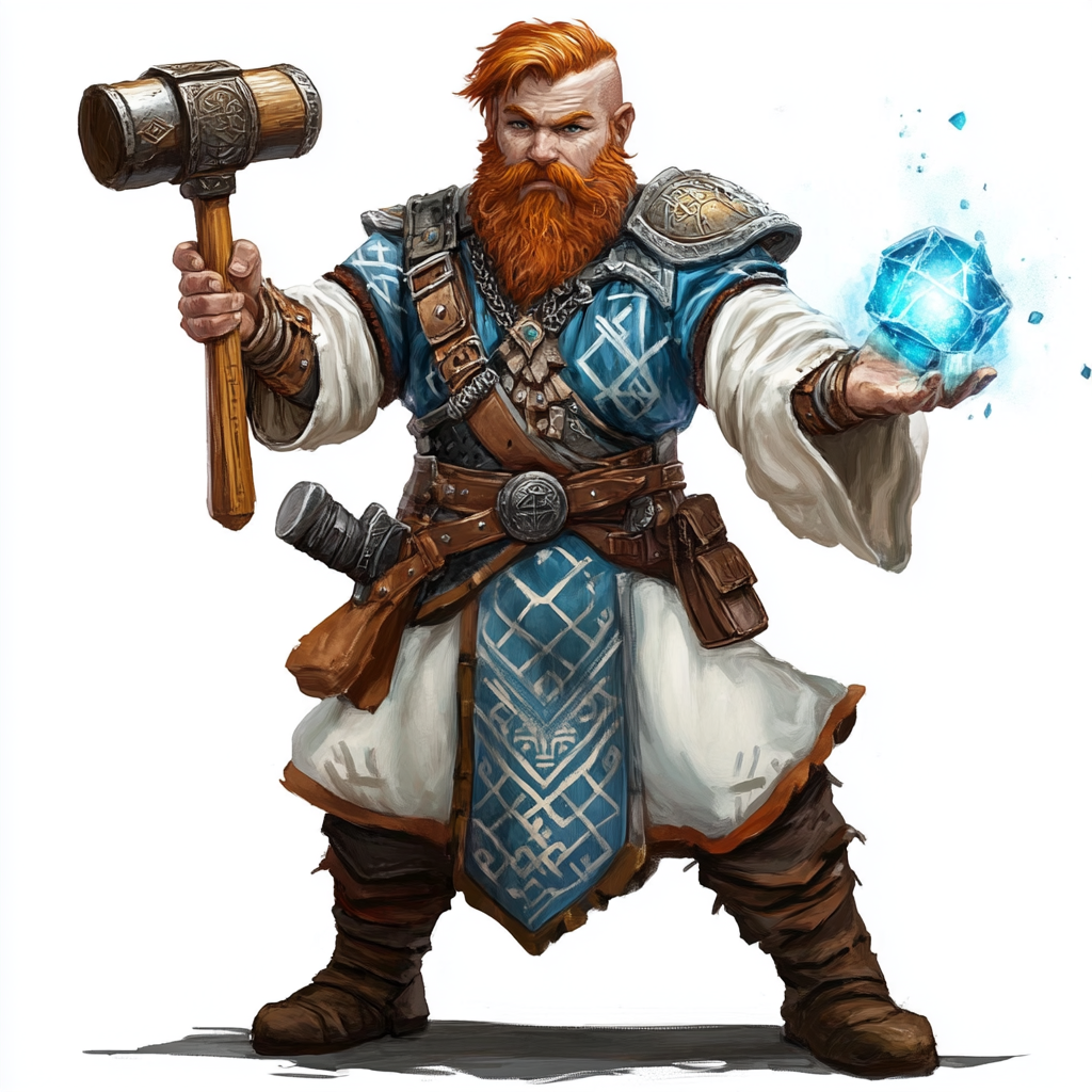 Dwarven cleric male in blue and white robes