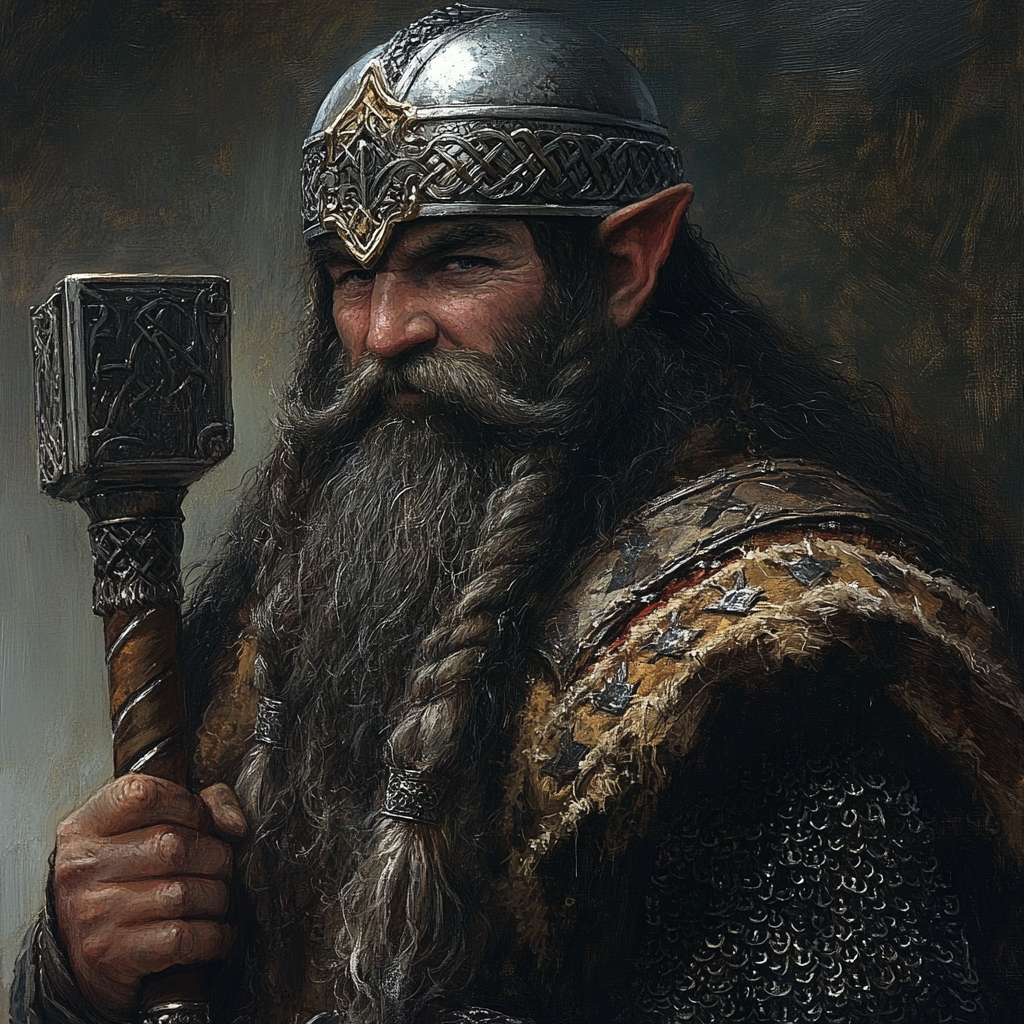 Dwarven cleric with warhammer, silver helmet, and chainmail.