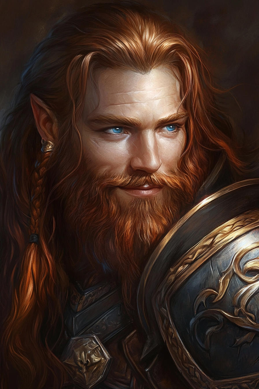 Dwarven male with auburn hair and leather armor portrait.