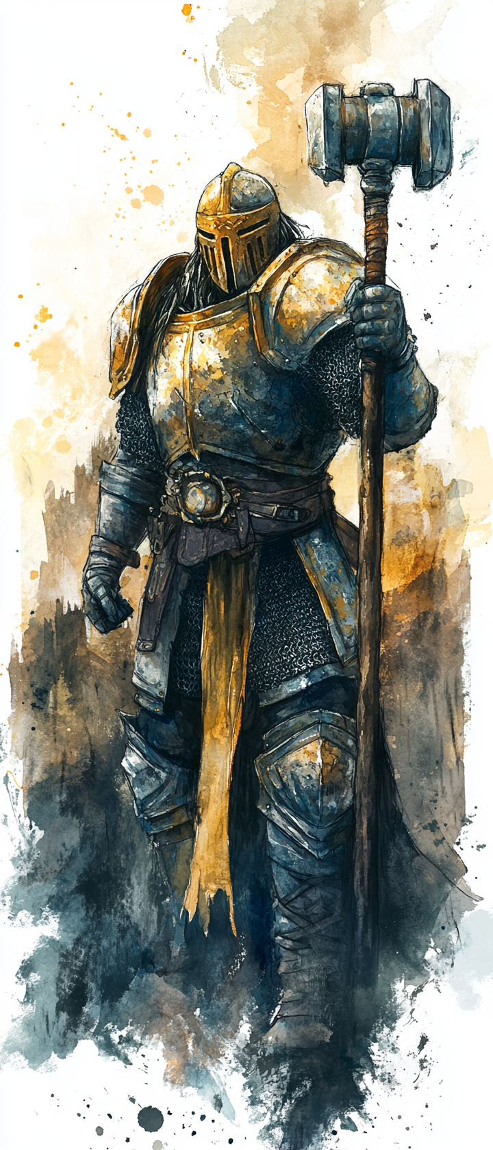 Dwarven paladin in shiny armor holds mace. Ethereal.