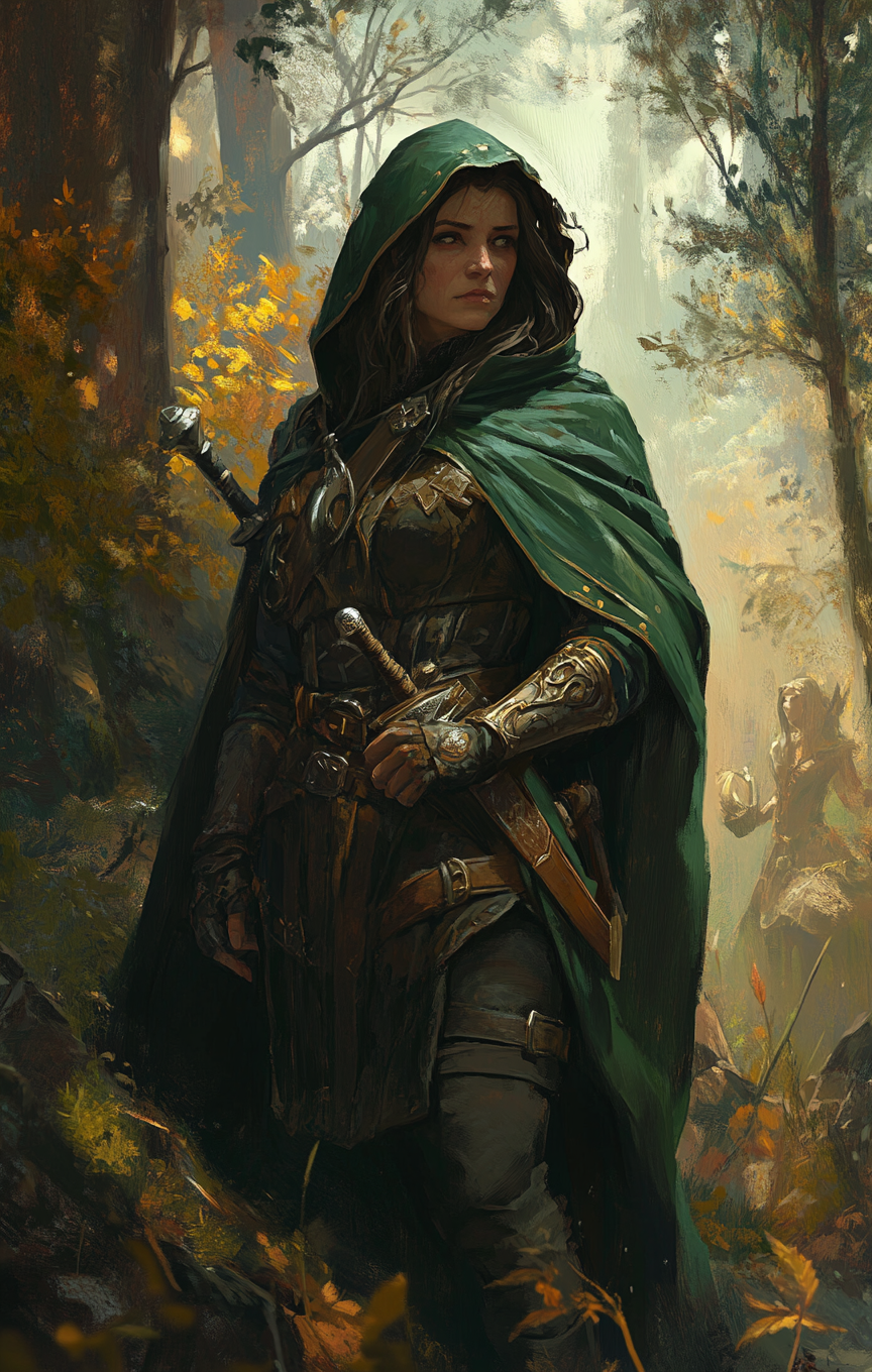 Dwarven rogue in green cloak blending Witcher style art.