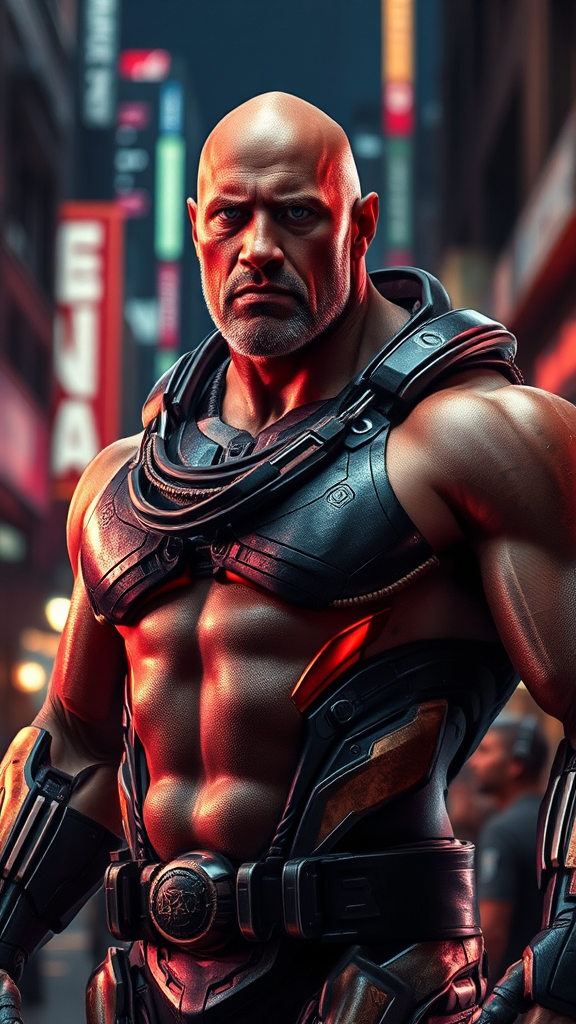 Dwayne Johnson Cyborg in Futuristic Urban Setting