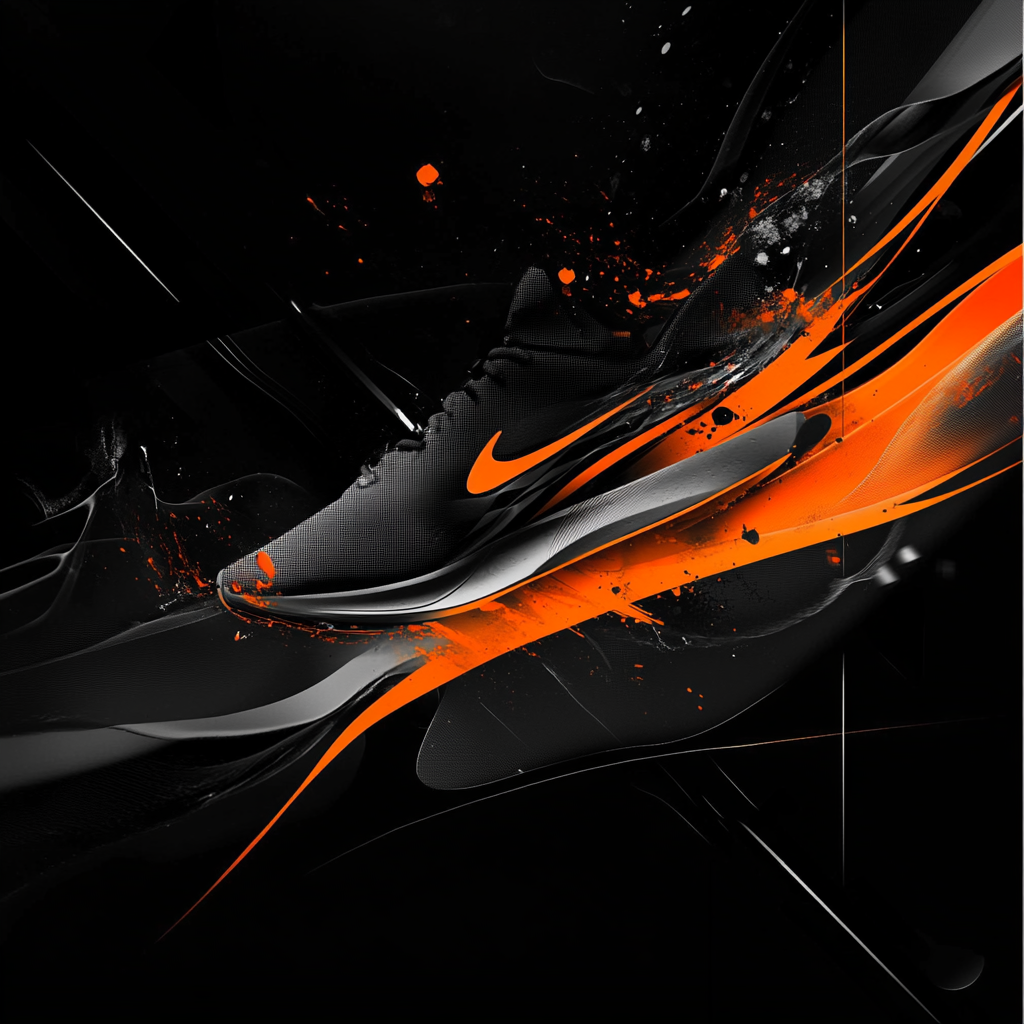 Dynamic, athletic, innovative, sleek, bold, pitch black background. Orange accent.