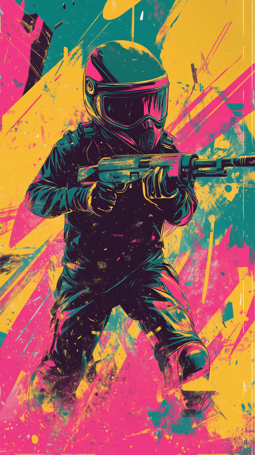 Dynamic 80s retro movie poster for kids paintball party.